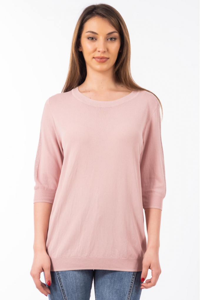 Дамска блуза от фино плетиво в розово с лента ламе на ръкава