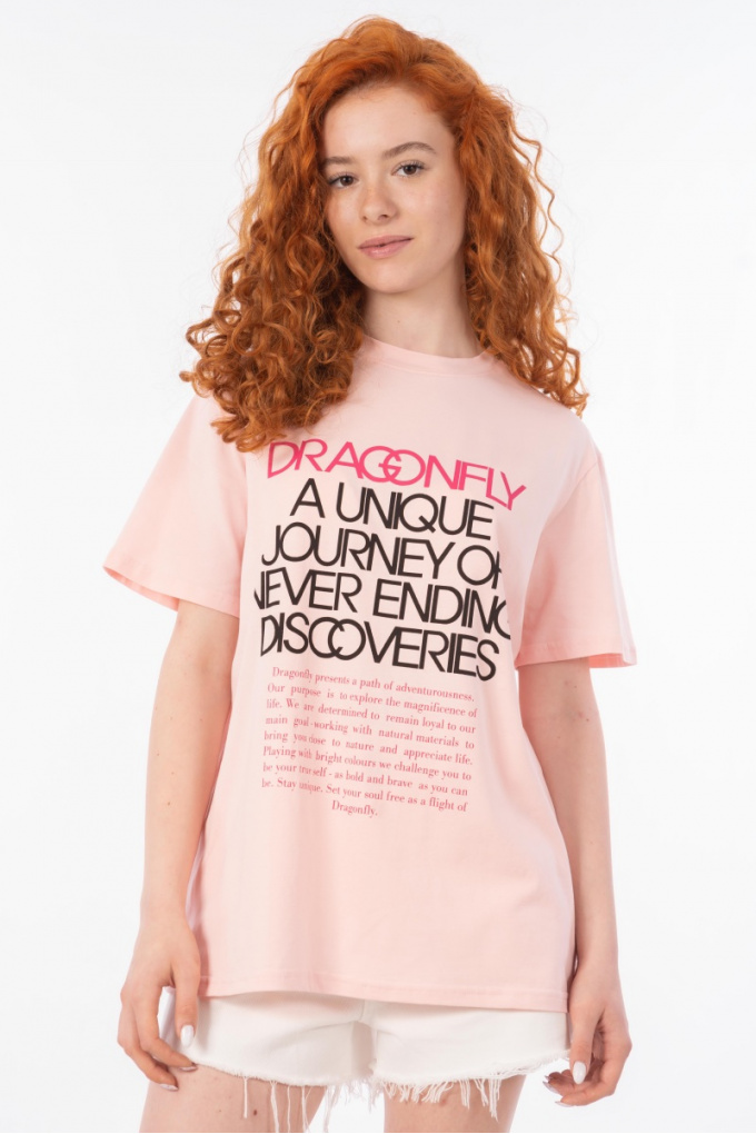 Дамска тениска ''Dragonfly'' в светлорозово с надписи в розово и черно