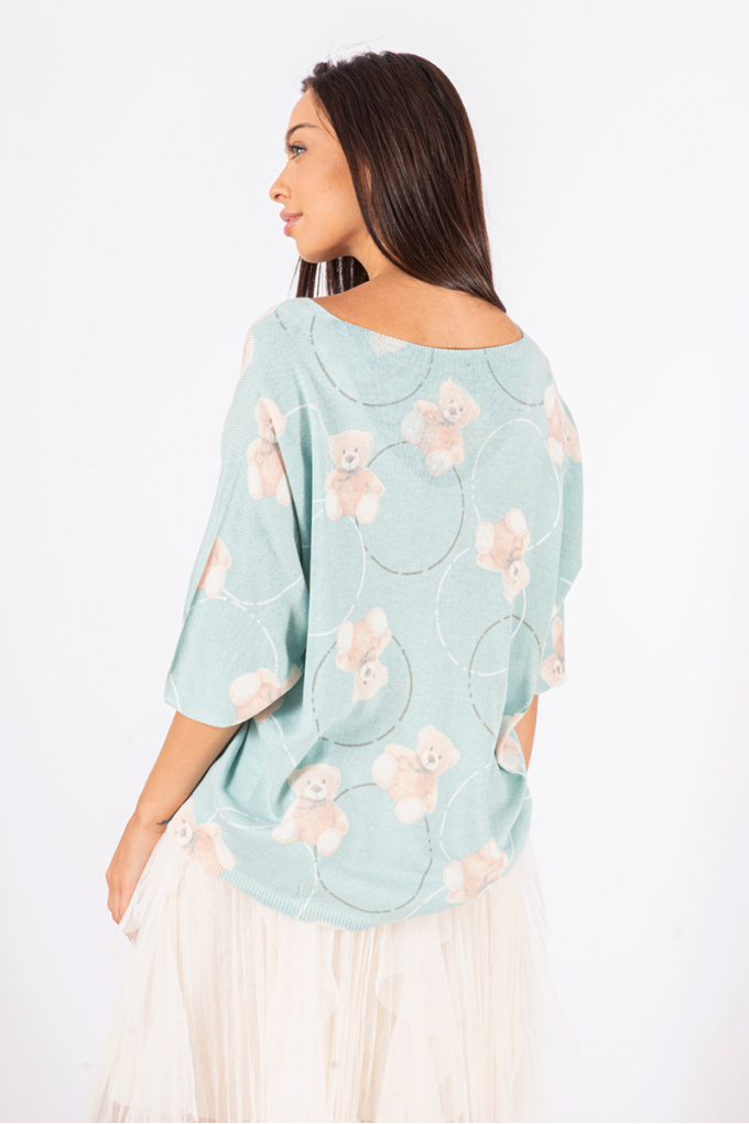 Дамска блуза от фино плетиво в цвят мента с остро деколте и принт мечета