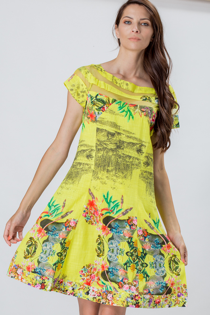 Памучна рокля с тюлени акценти в жълто