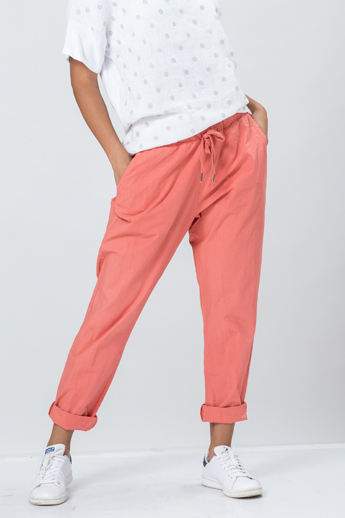 Дамски памучен панталон с връзка в цвят сьомга