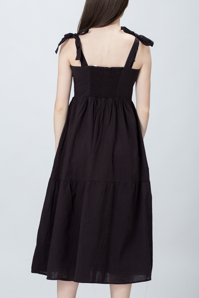 Памучна рокля с връзки на раменете в черно