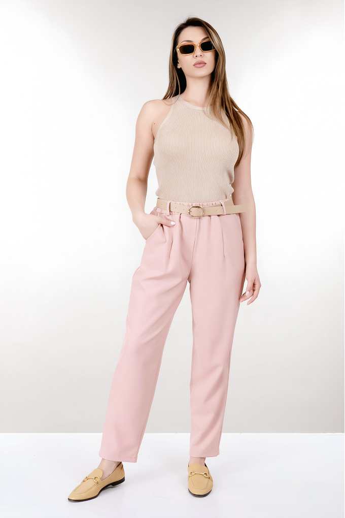 Дамски панталон в розово с басти и ластик в талията