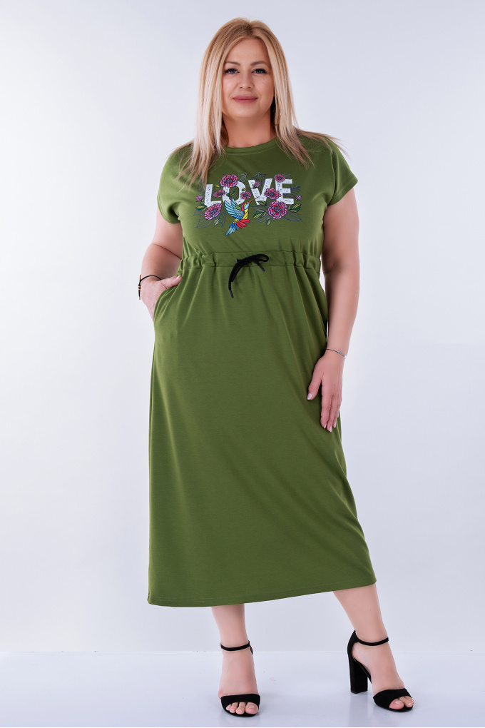 МАКСИ дълга рокля от памук в тревисто зелено с връзки на талията