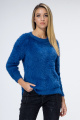 Пухен пуловер с издължен гръб в синьо