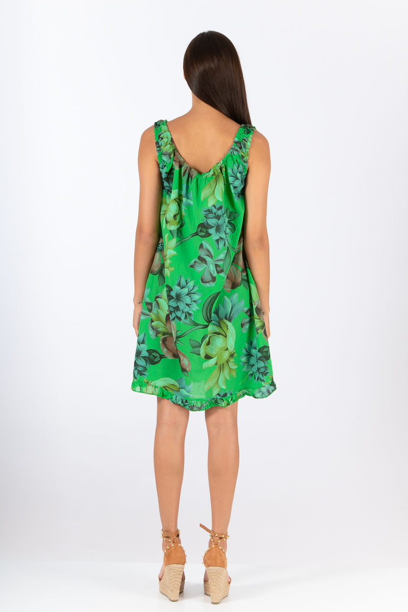Къса рокля от памук в зелено с ластик по деколтето и принт големи цветя