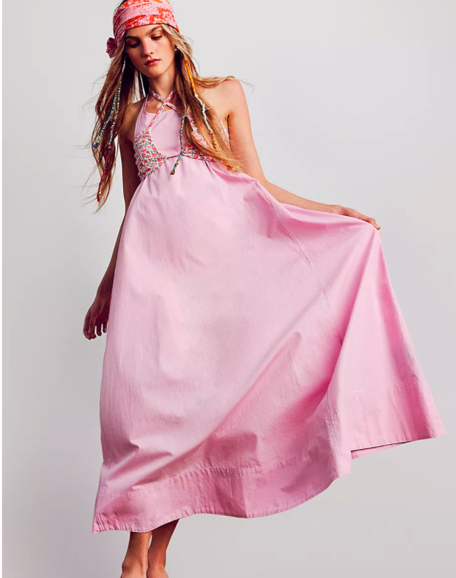 Дълга рокля от памук с гол гръб в розово