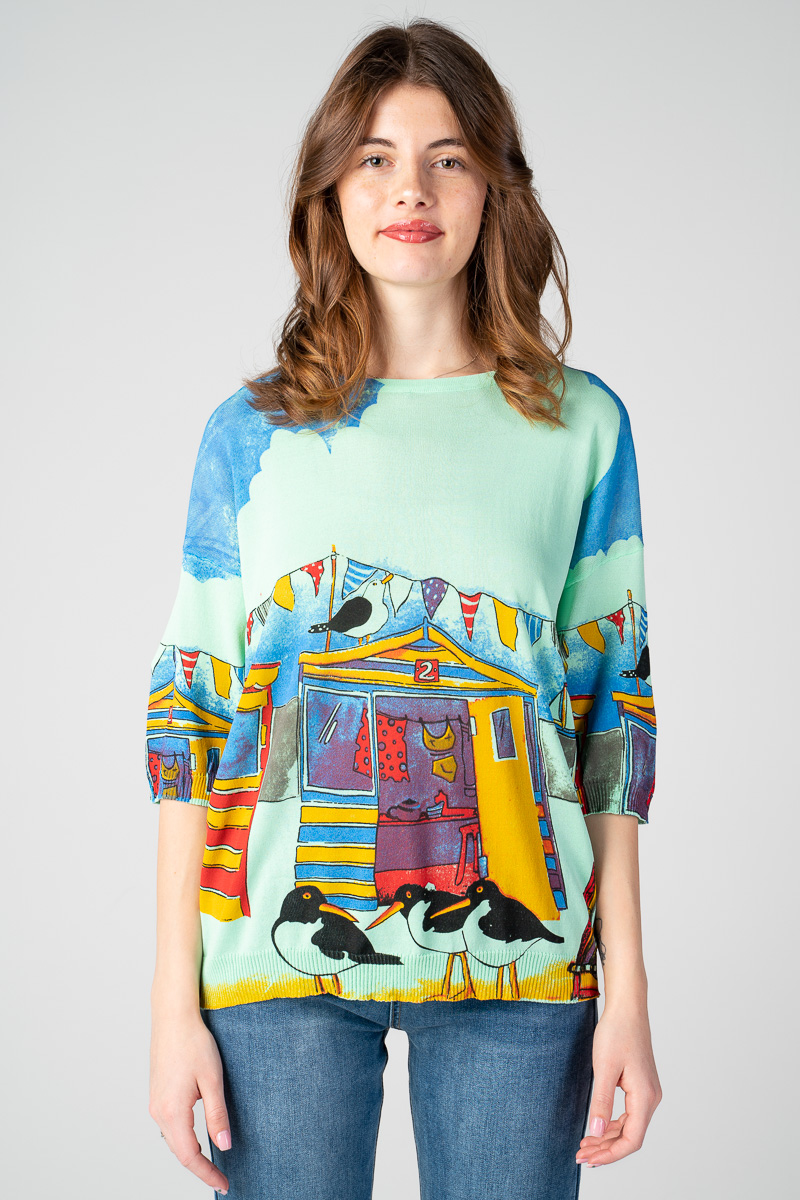 Дамска блуза в светлозелено с 3/4 ръкав и принт къща с птици
