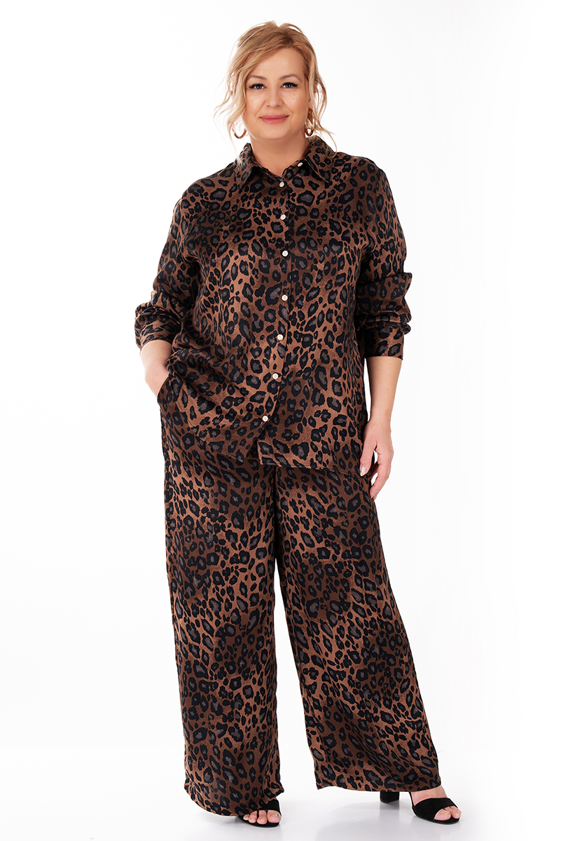 МАКСИ сатениран леопардов комплект с риза и панталон