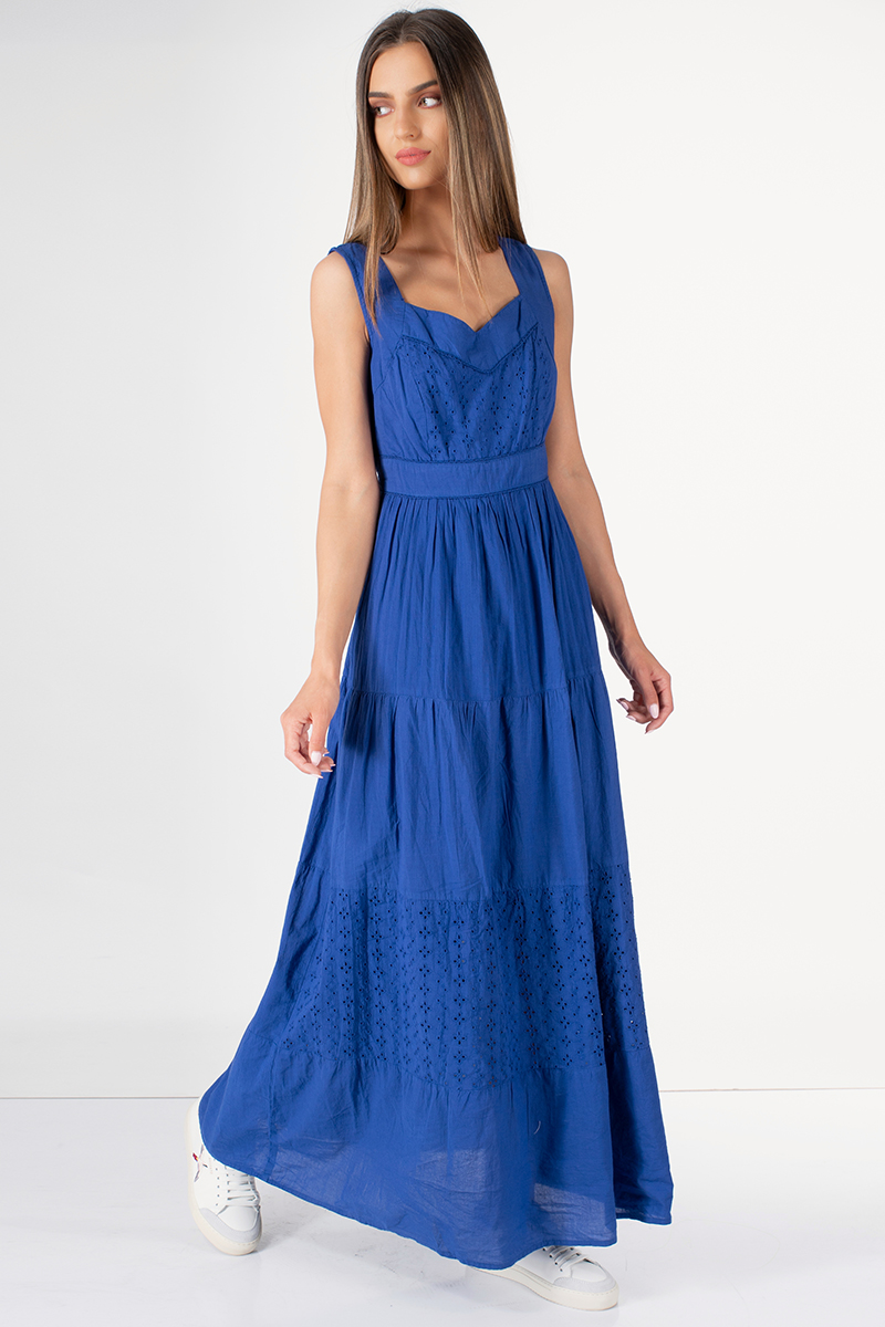 Дамска дълга рокля с рязана бродерия в турско синьо