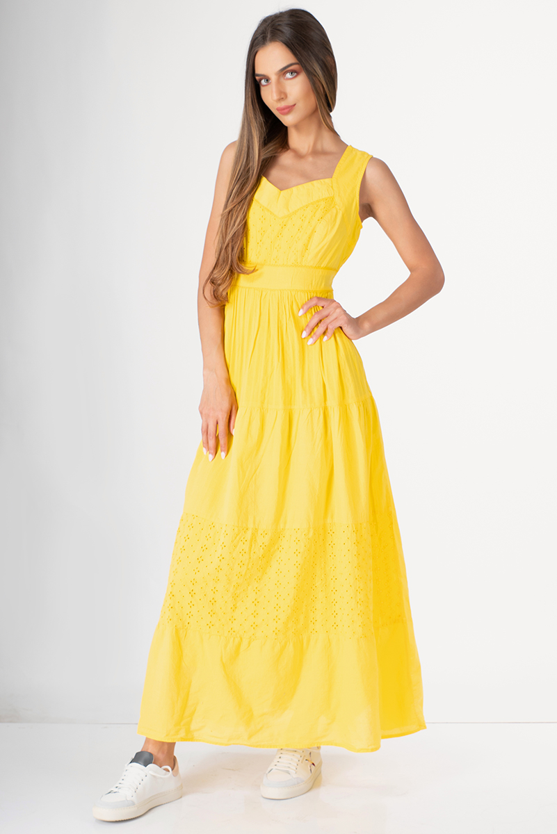 Дамска дълга рокля с рязана бродерия в жълто