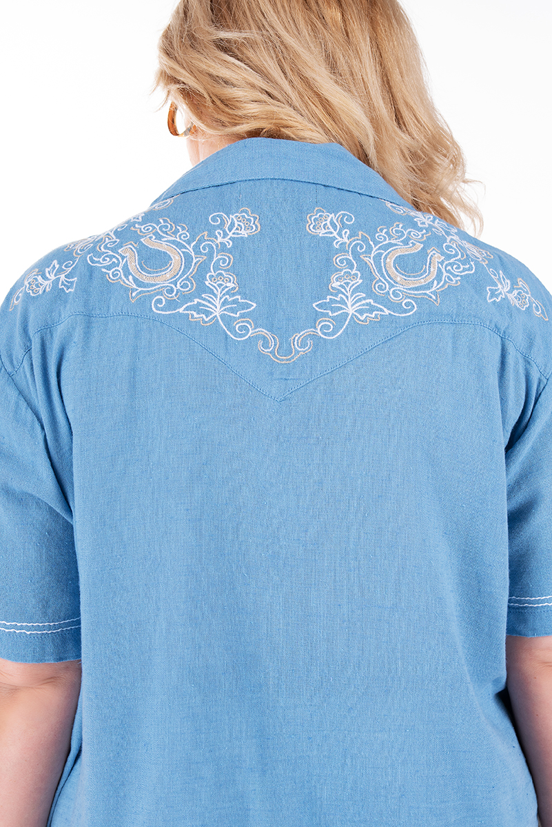МАКСИ риза в синьо с бяла етно бродерия