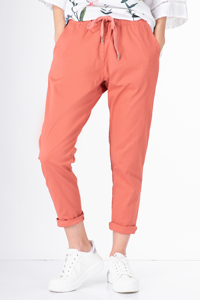 Дамски памучен панталон с връзка в цвят корал