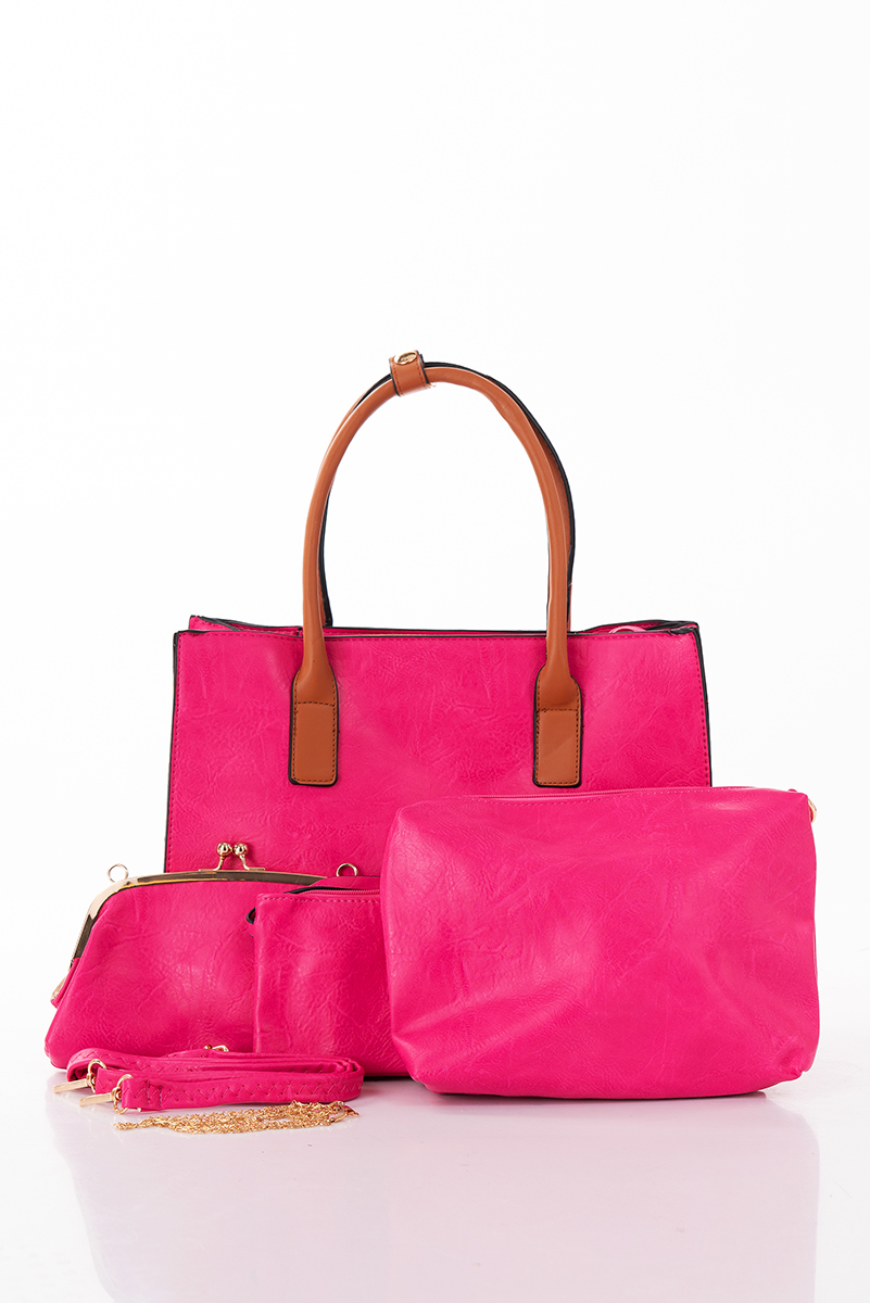 Дамска чанта 4в1 в неоново розово с кафява дръжка