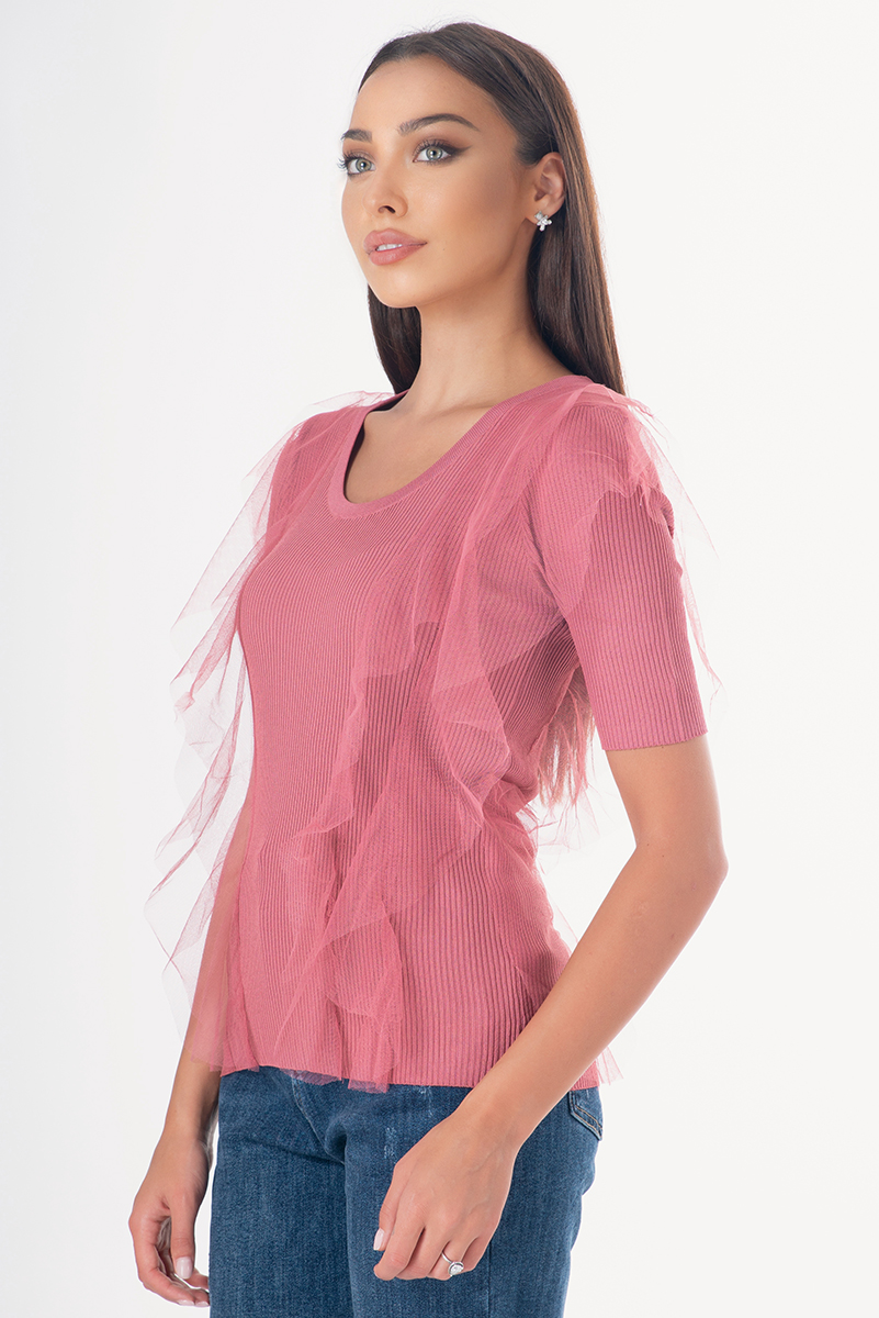 Дамска блуза в розово от фино плетиво и тюл