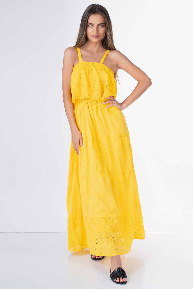 Дълга памучна рокля в жълто с волан по деколтето