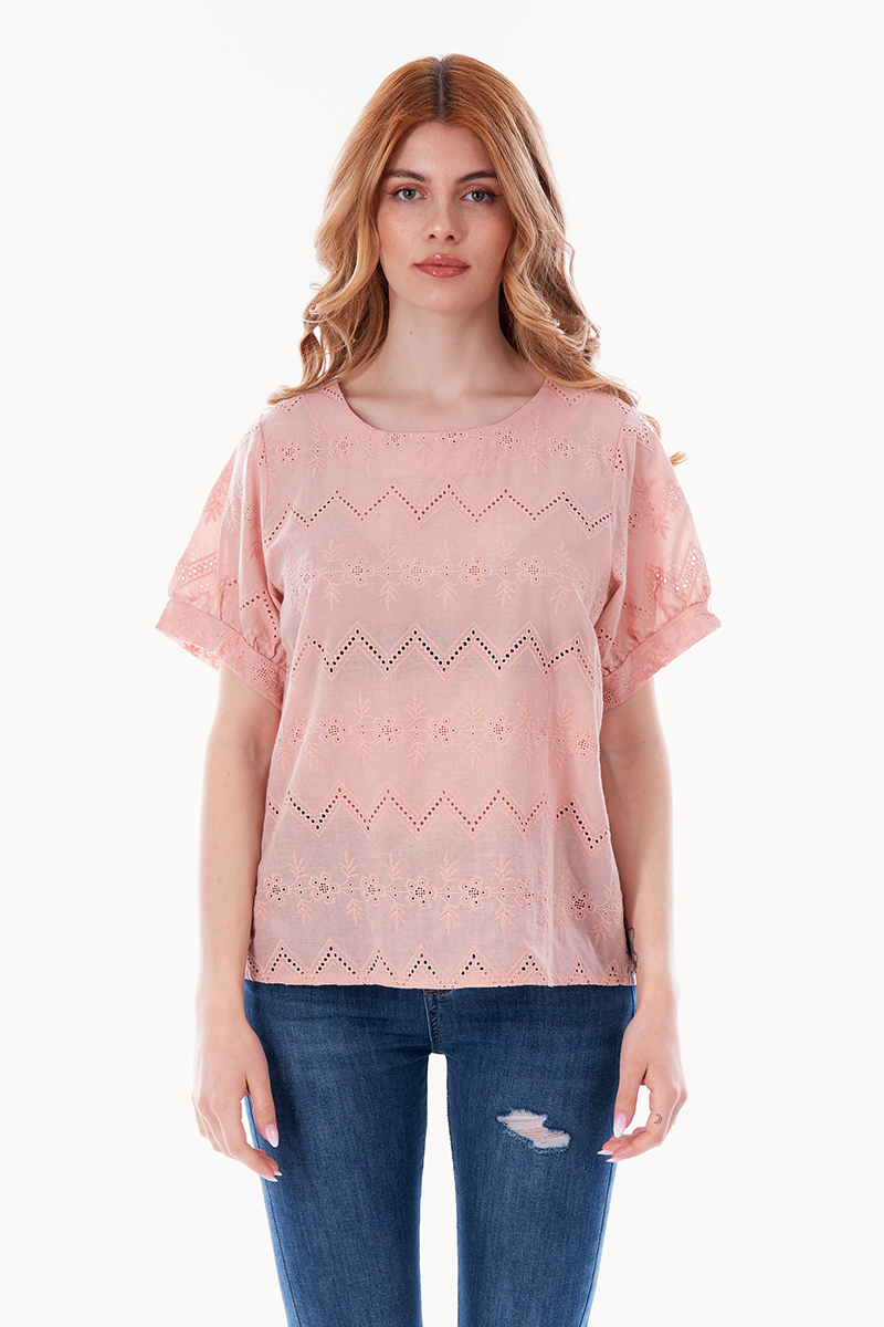 Дамска блуза от памук в розово с рязана бродерия
