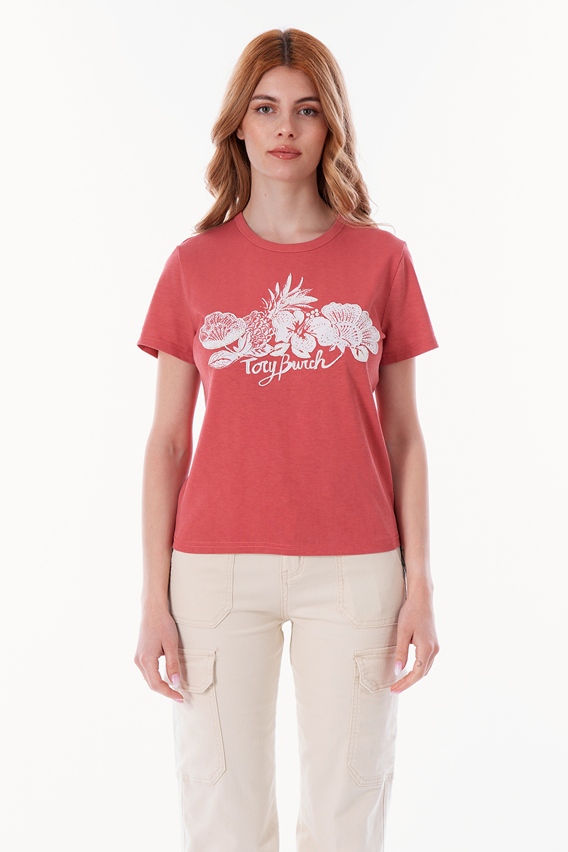 Дамска тениска в цвят корал с бяла щампа с мъниста