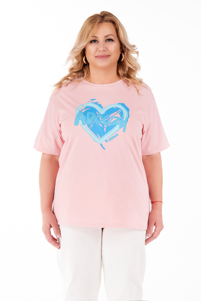 МАКСИ тениска в розово с щампа синьо сърце и релефен надпис