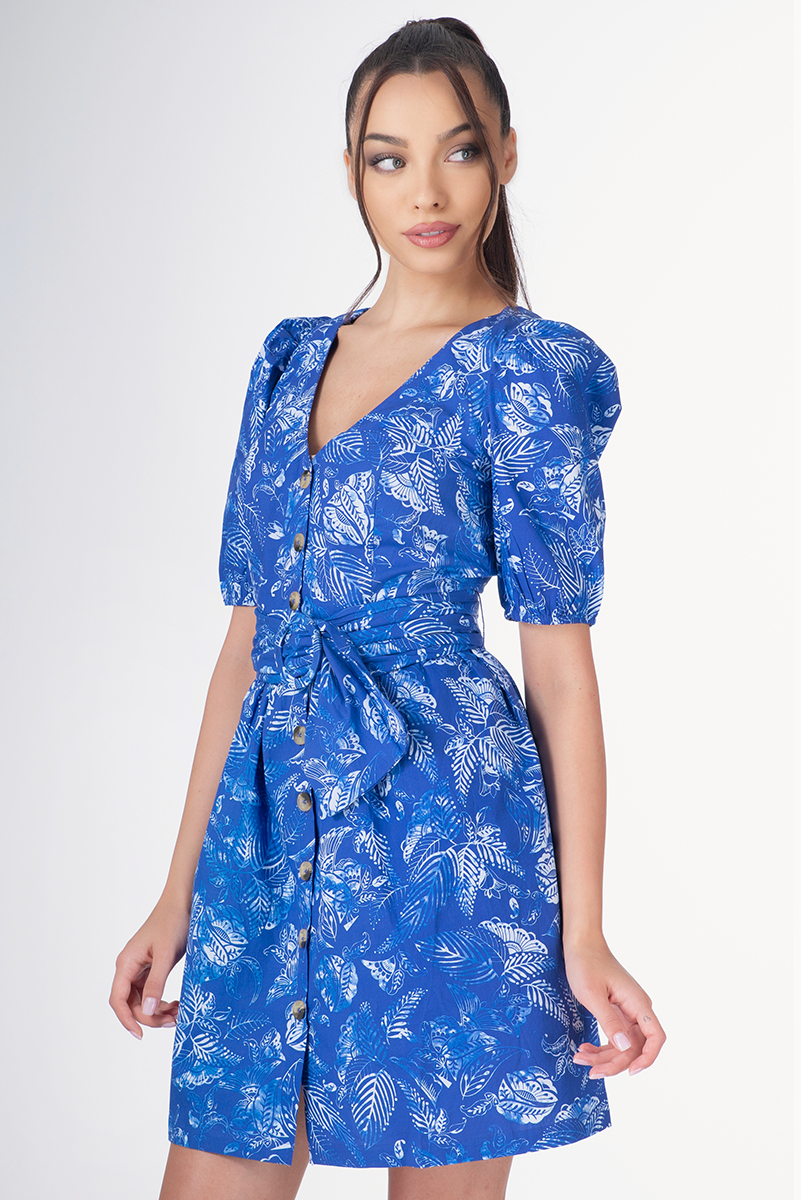 Дамска рокля от памук с синьо с флорален светъл принт