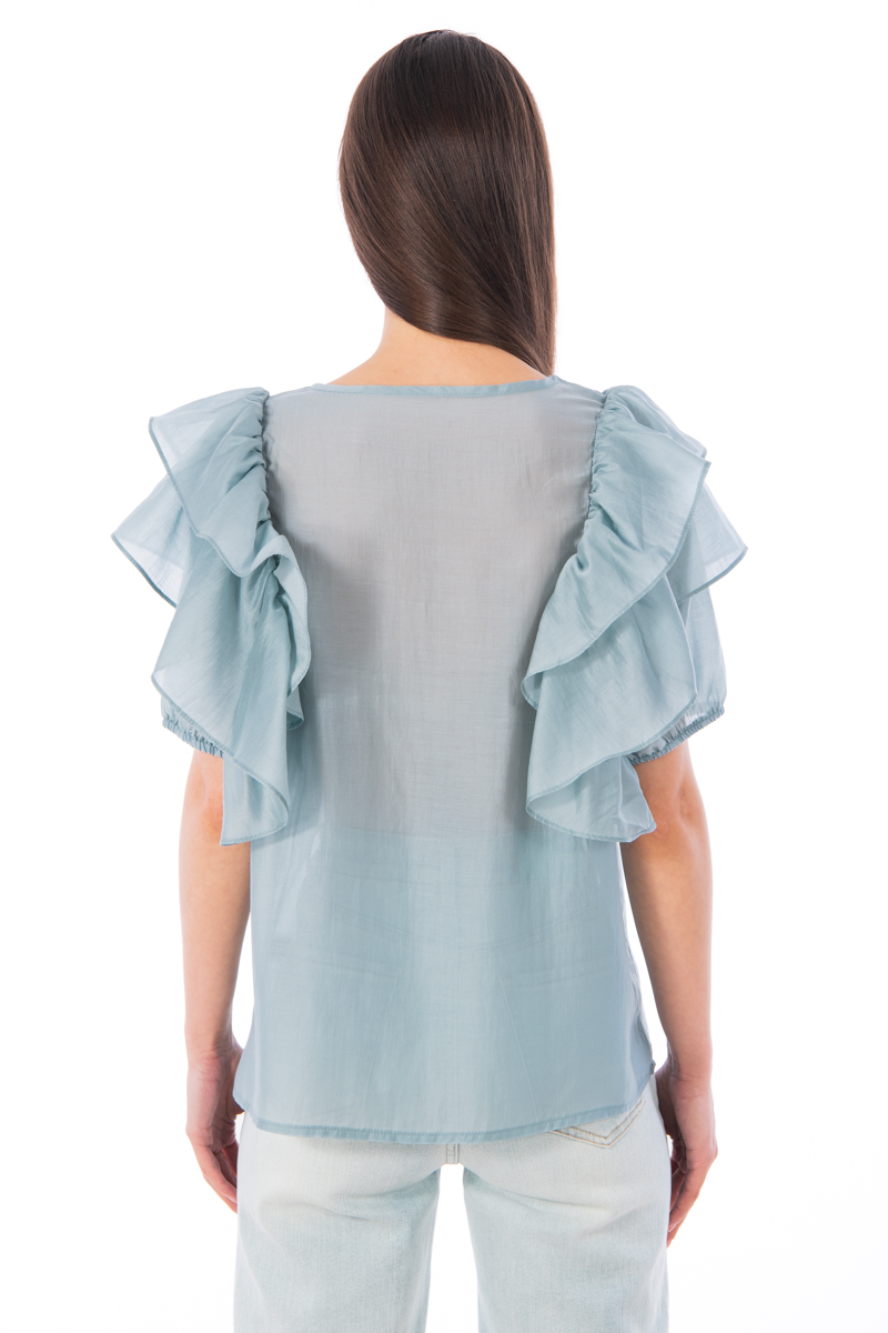 Дамска блуза от фина материя в гълъбово синьо с къс ръкав и харбали