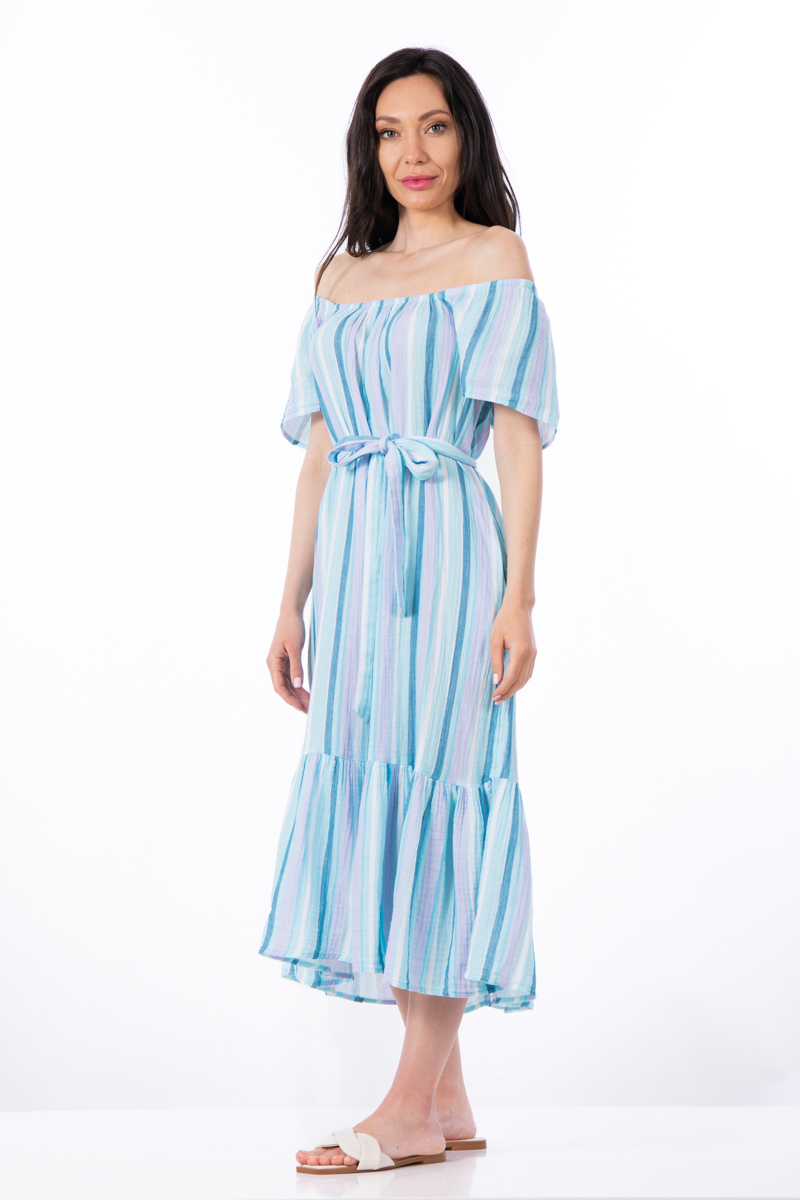 Лятна рокля от памук с цветно вертикално райе в синьо и лилаво