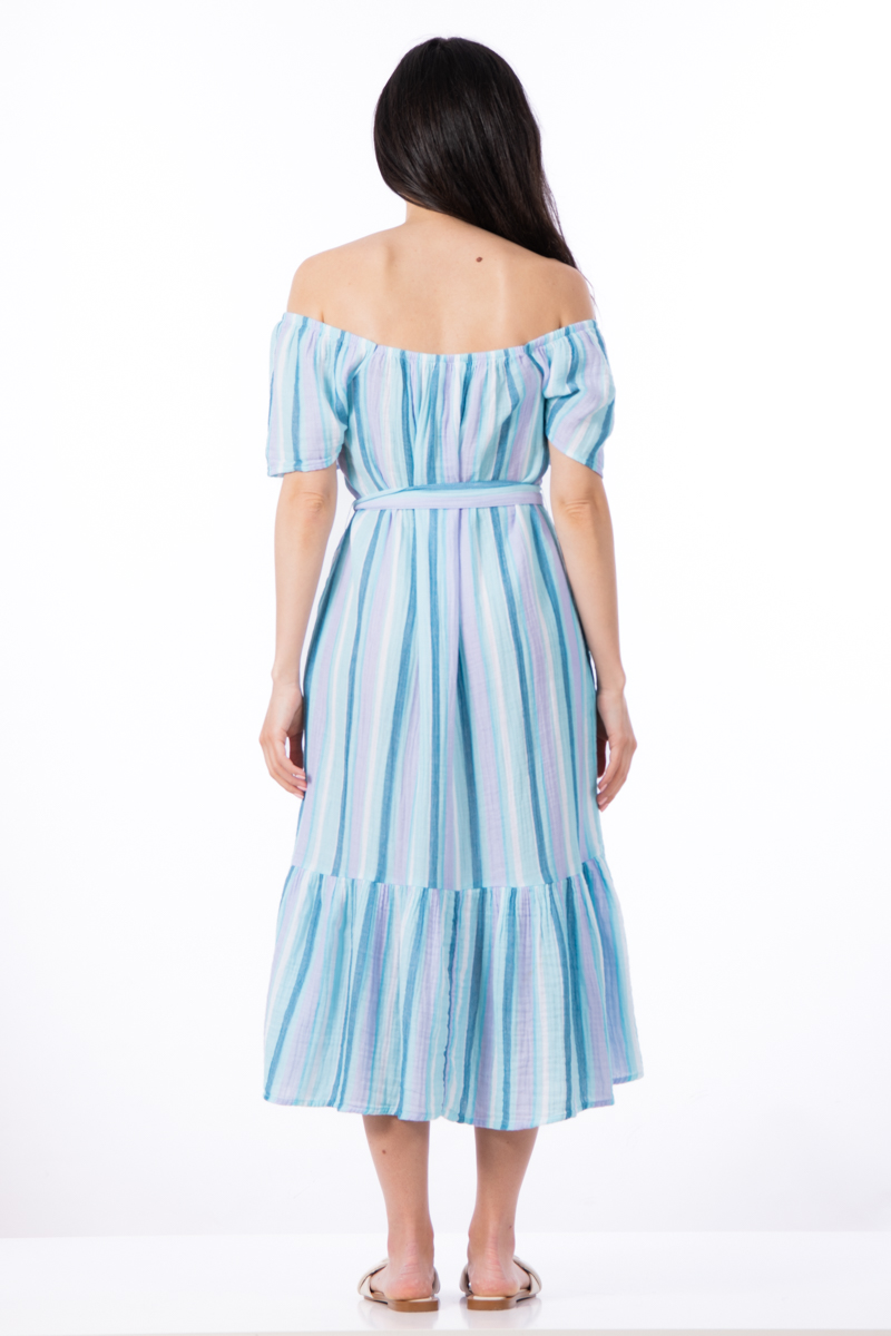 Лятна рокля от памук с цветно вертикално райе в синьо и лилаво
