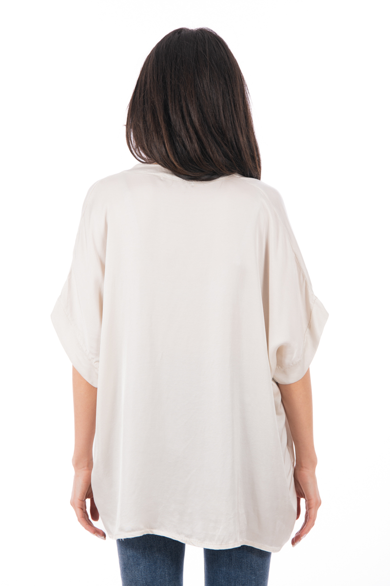 Дамска сатенирана блуза тип туника в цвят екрю