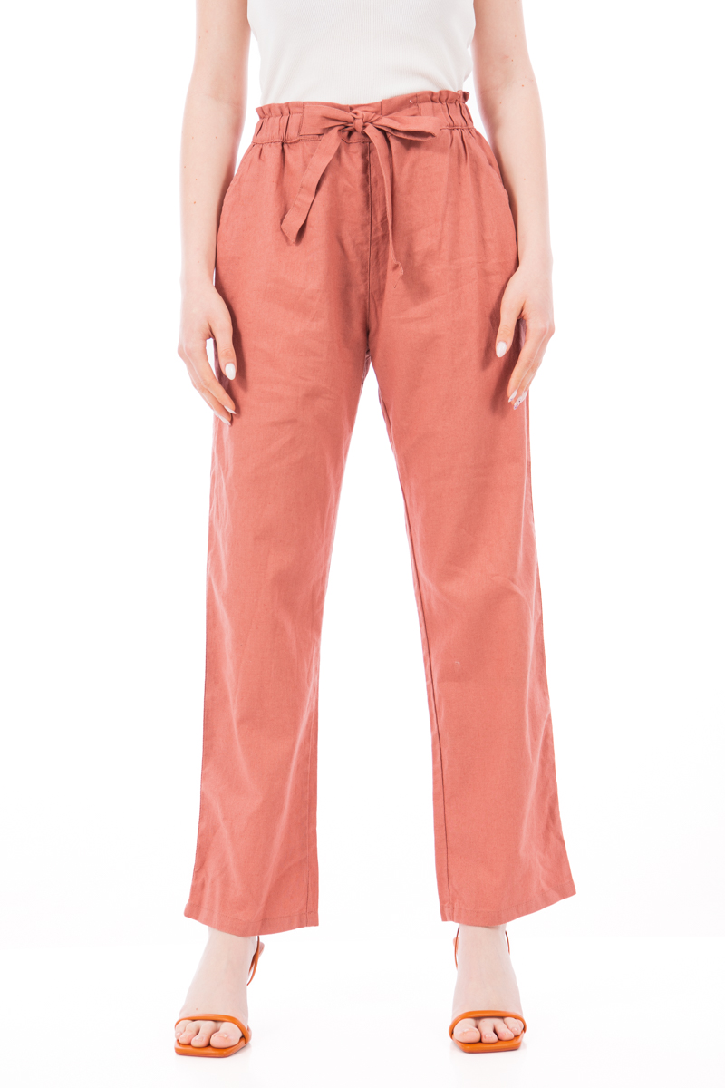 Дамски широк панталон от лен и памук в цвят сьомга