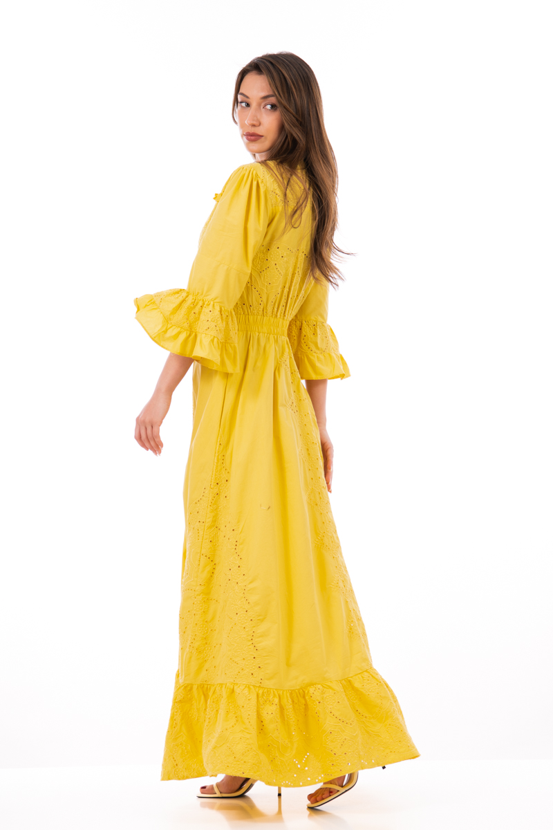 Дълга индийска рокля от памук в жълто с рязана бродерия