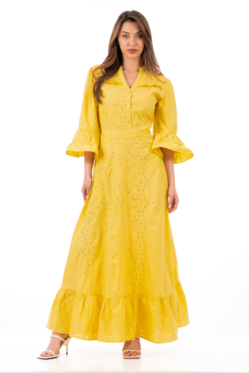 Дълга индийска рокля от памук в жълто с рязана бродерия