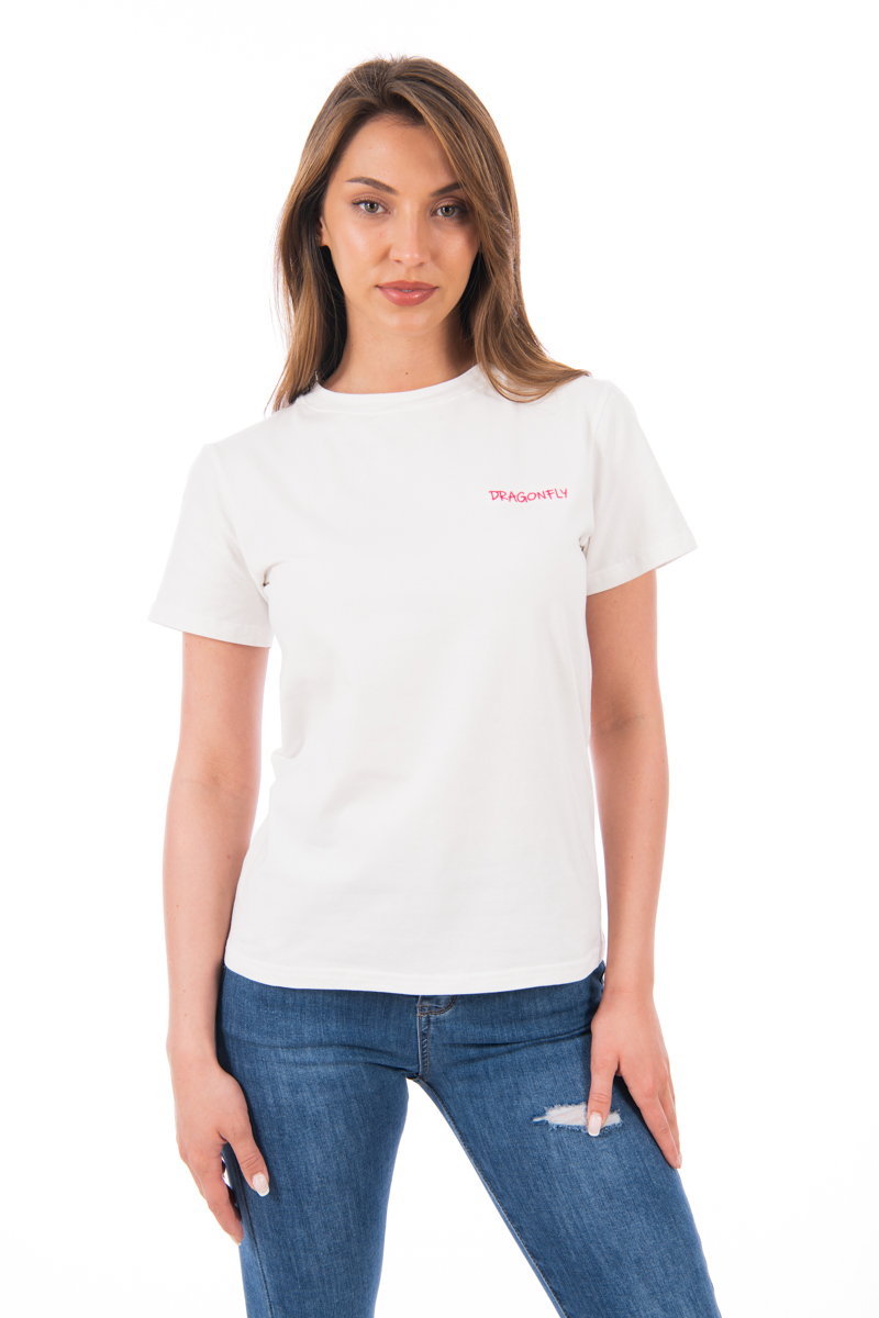 Дамска тениска ''Dragonfly'' в бяло с бродиран малък цикламен лого надпис