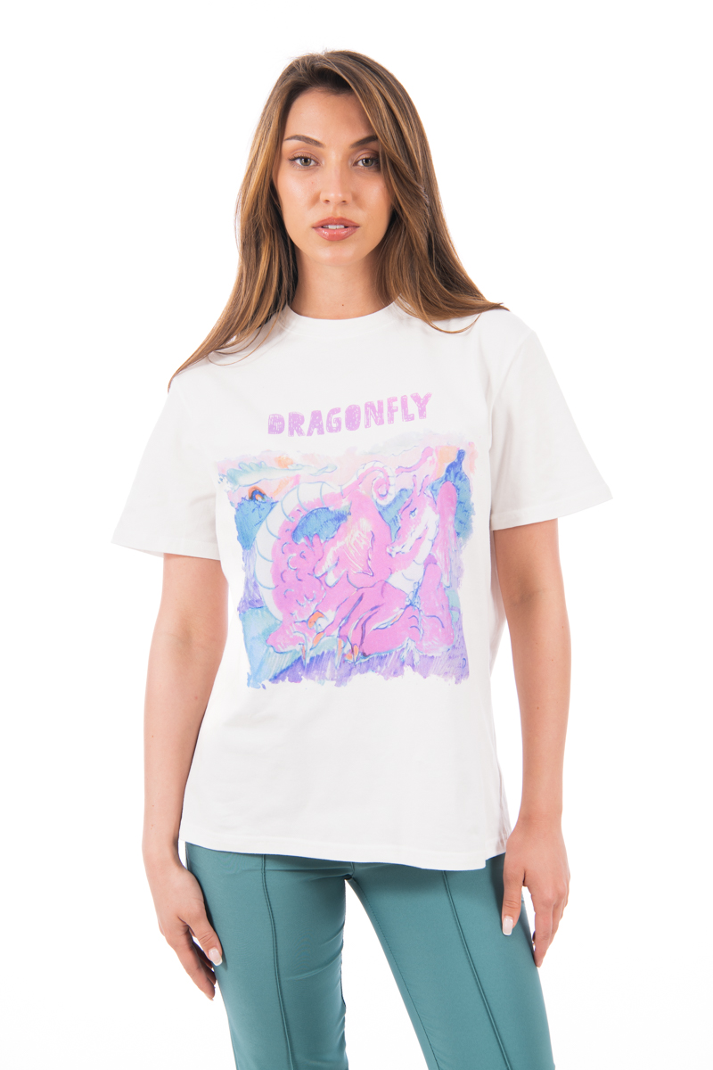 Дамска тениска''Dragonfly'' в бяло с принт розов дракон
