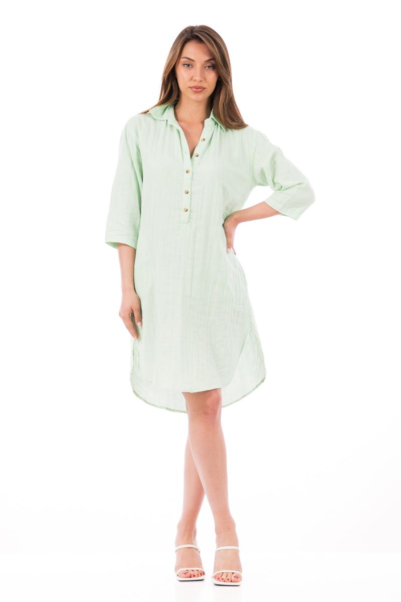 Къса риза-рокля от фин памук в светлозелено