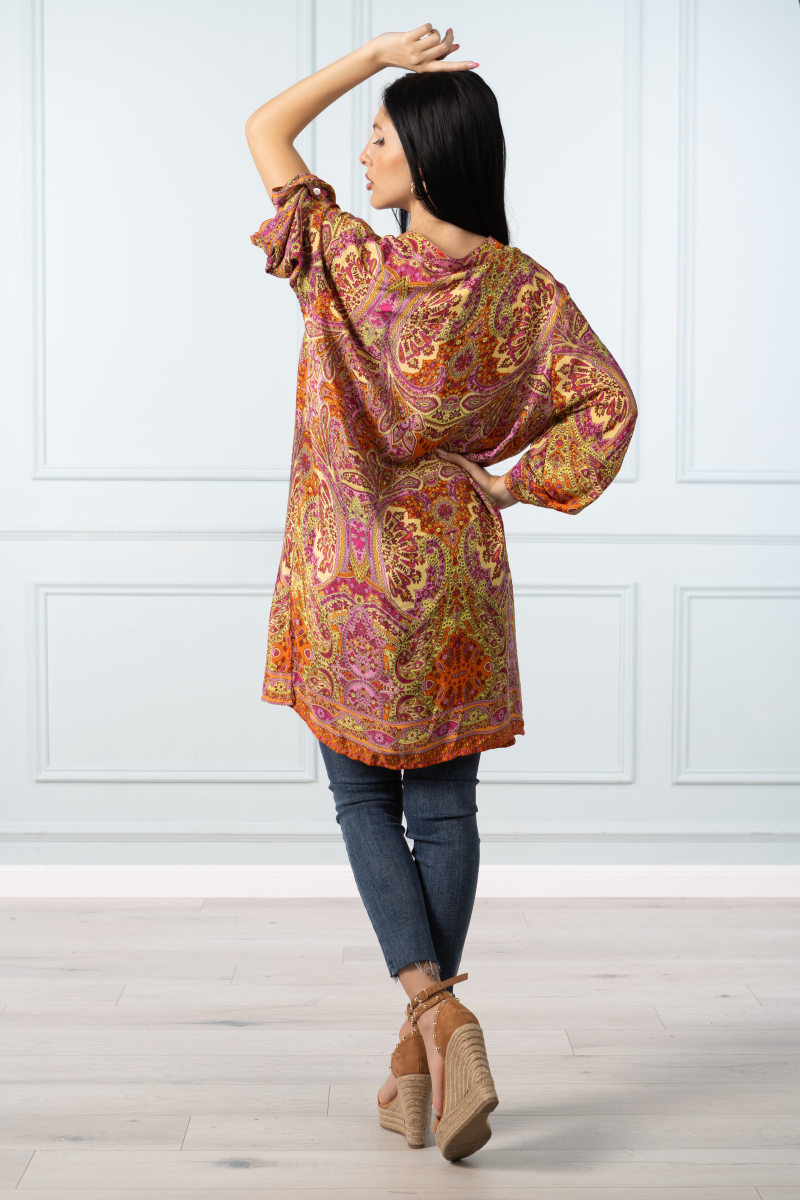 Дамска туника от коприна в розово и жълто с индийски принт и копчета