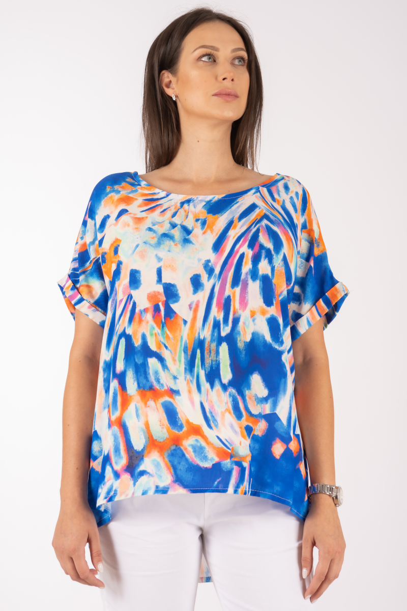 Дамска блуза с преливащи ярки цветове в зелено, оранжево и синьо