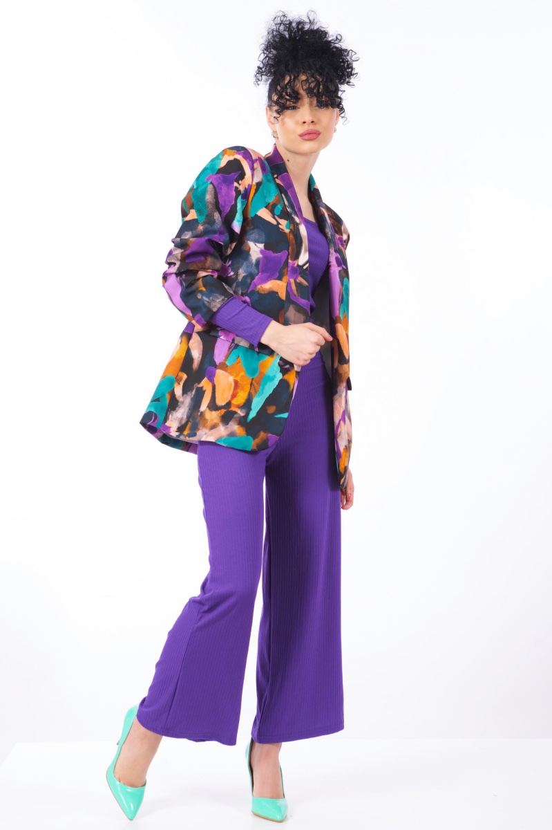 Дамско сако без закопчаване с акварелен принт в лилаво и тюркоаз