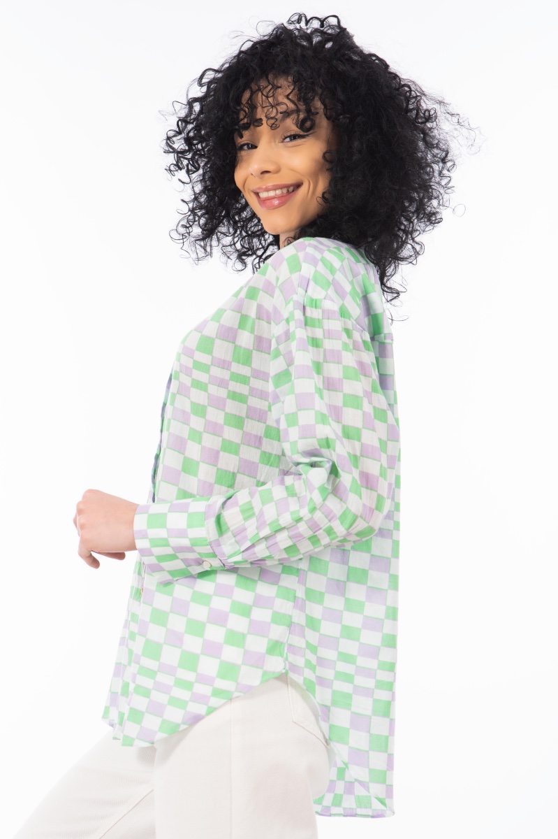 Дамска риза от памук с принт квадратчета в зелено и лилаво