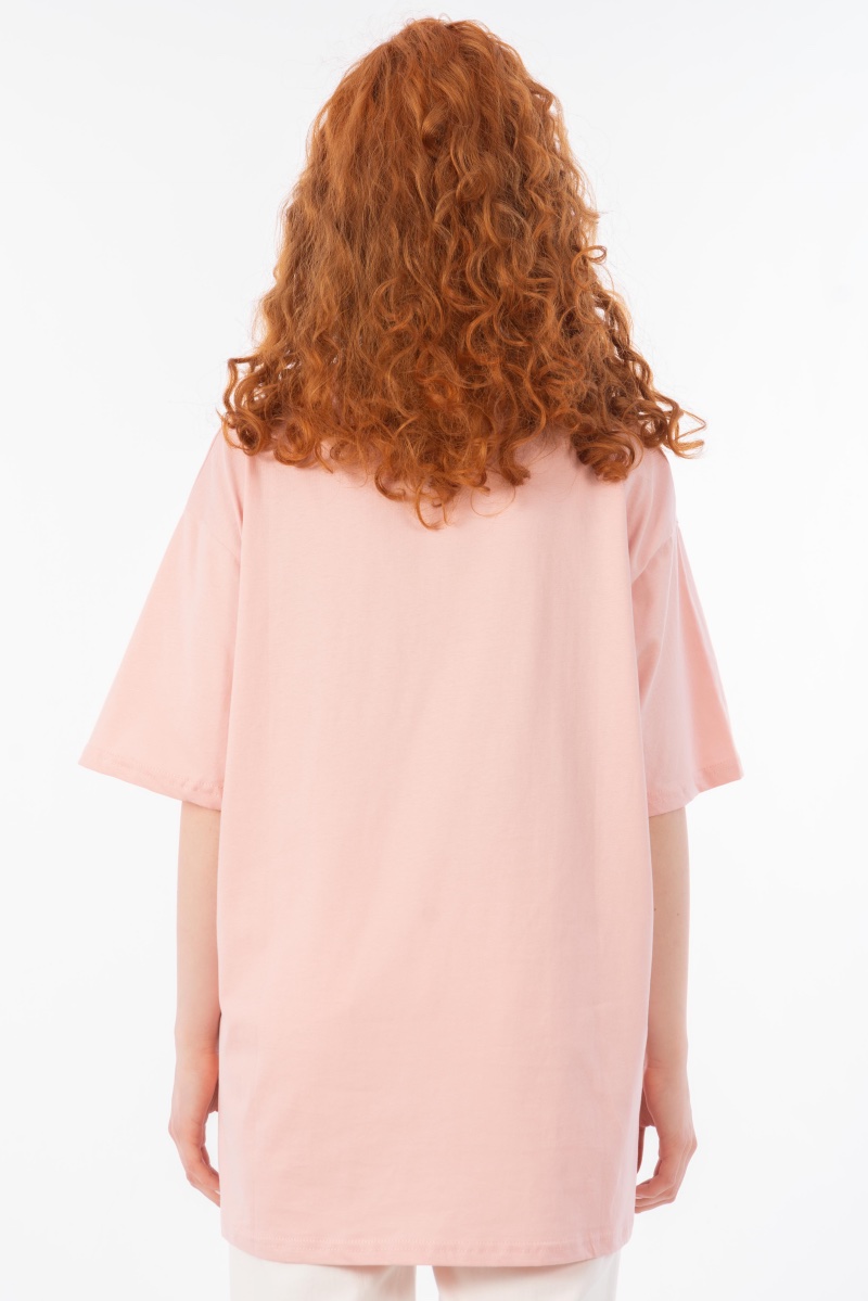 Дамска тениска в розово с щампа, надпис и панделка