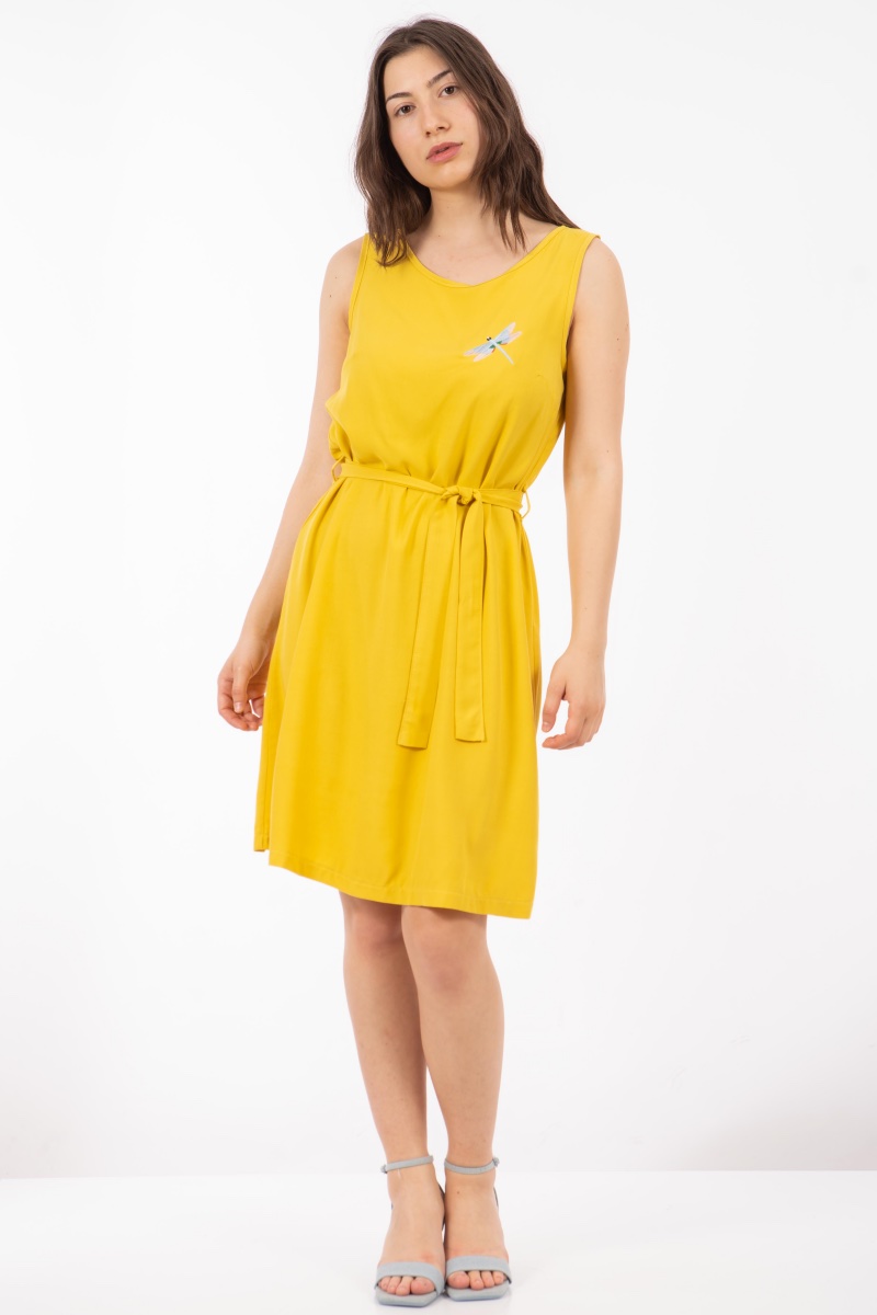 Къса рокля ''Dragonfly'' в жълто с бродирано водно конче