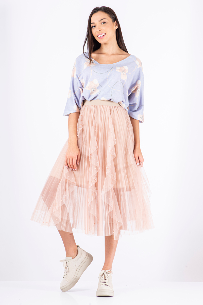 Дамска блуза от фино плетиво в светлолилаво с остро деколте и принт мечета