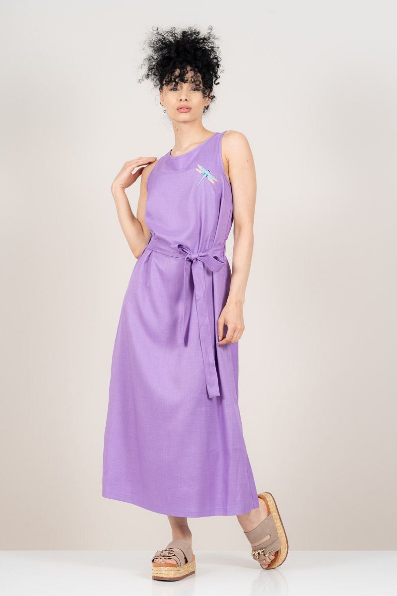 Дълга рокля ''Dragonfly'' в лилаво с акцент бродирано водно конче