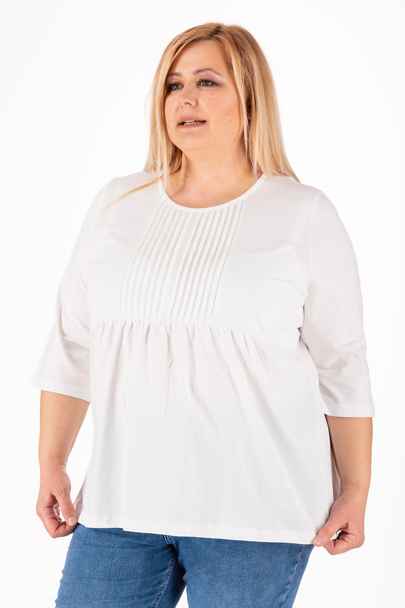 Макси памучна блуза в бяло с вертикални плисета