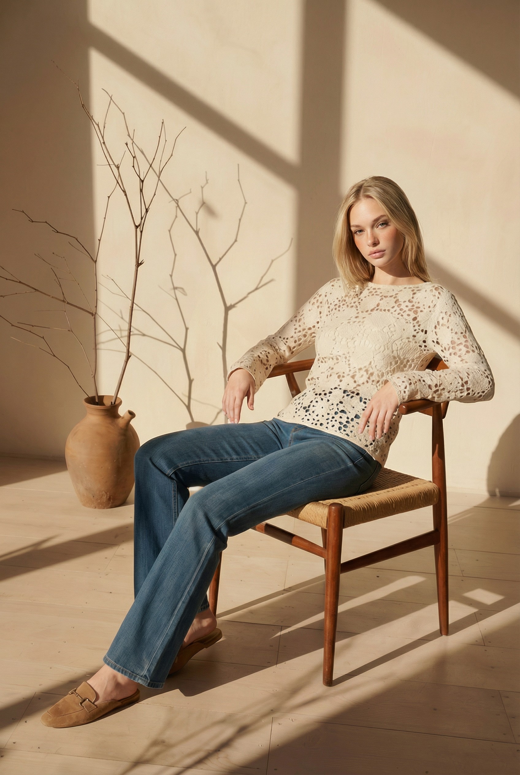 Дамска блуза в цвят екрю с плетена памучна дантела