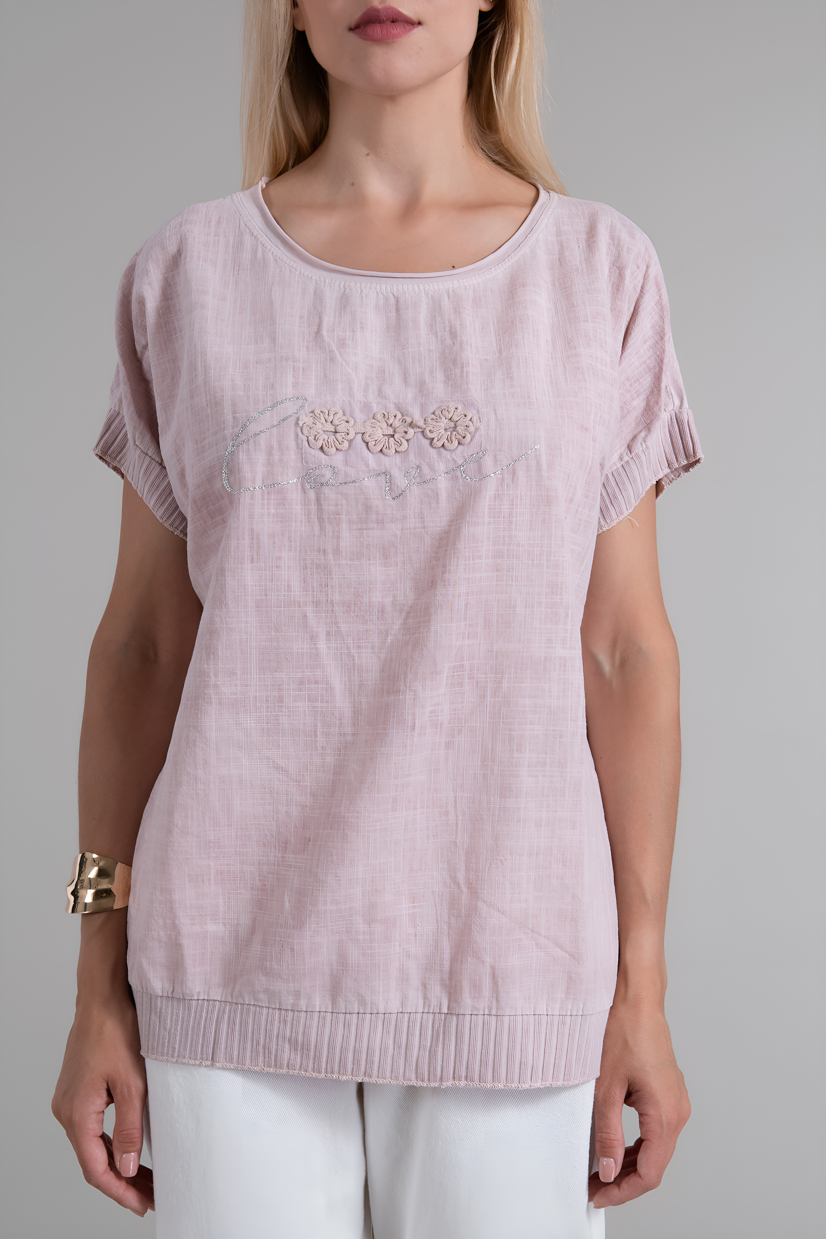 Дамска оувърсайз блуза от фин памук в розово
