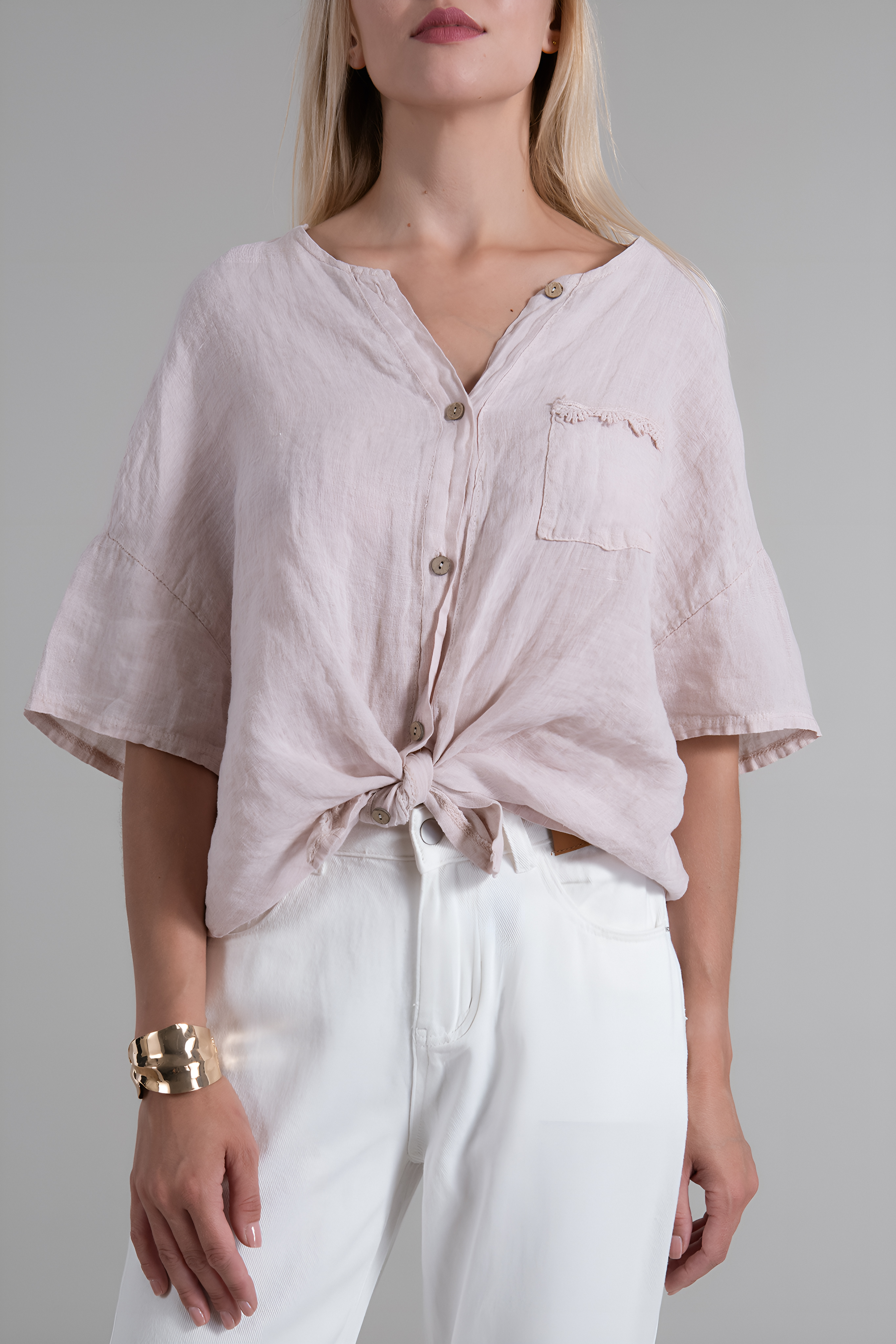 Дамска риза от лен и памук в розово, вързана отпред