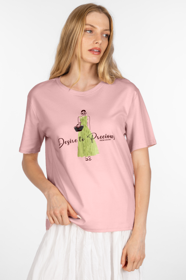 Дамска тениска от памук в розово с апликация момиче със зелена рокля