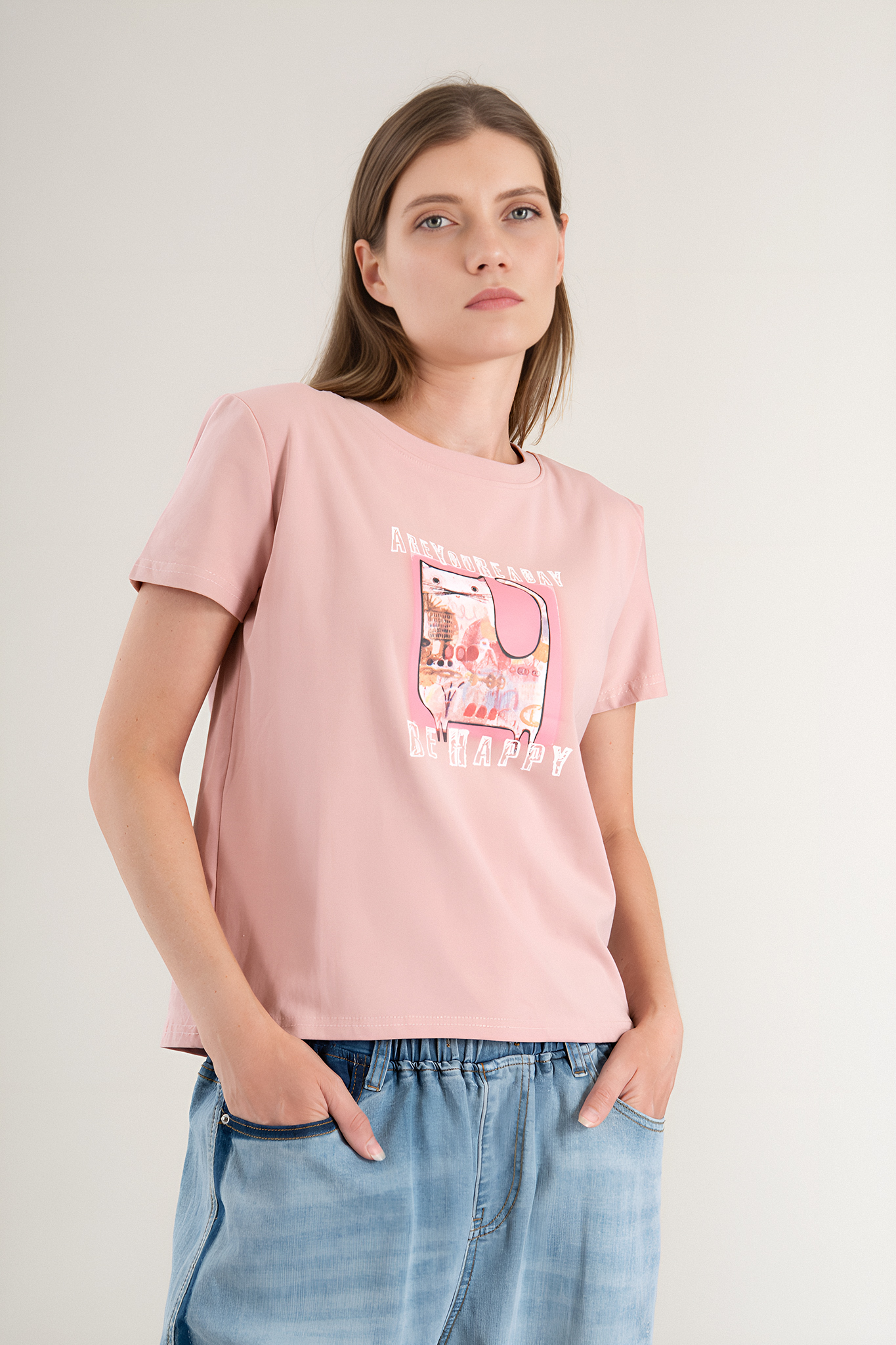 Дамска тениска от памук в розово с щампа котка и надпис