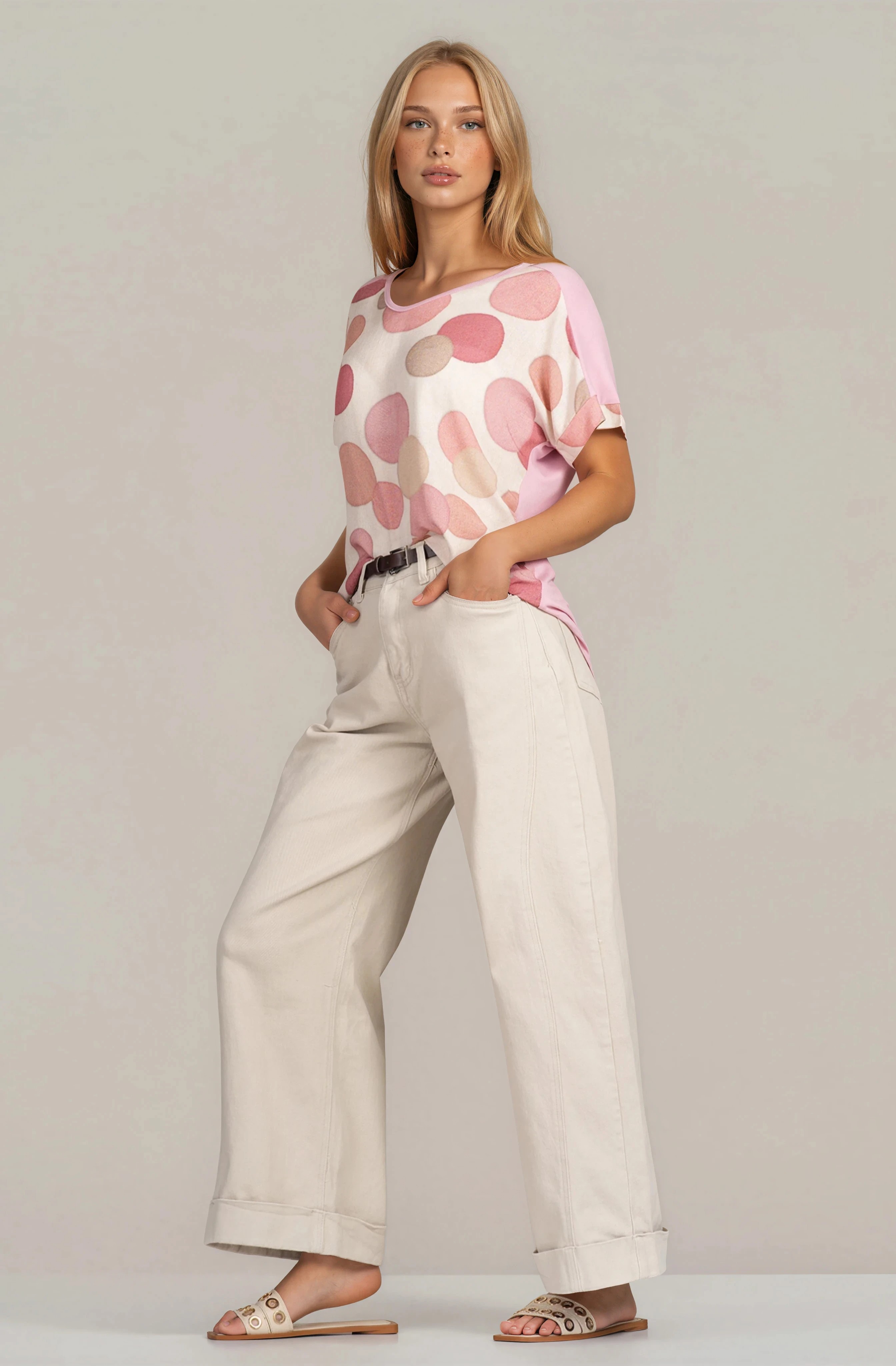 Дамска туника със свобден силует и принт розови кръгове