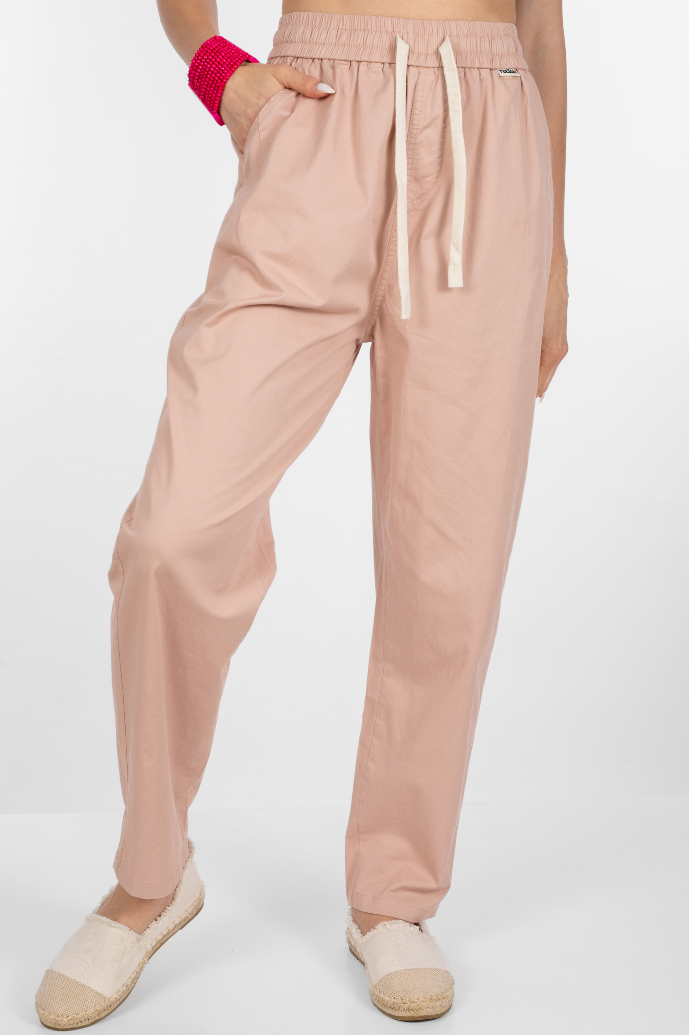 Дамски панталон от памук в розово с ластик и връзка в талията